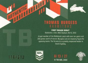 2024 NRL Traders Titanium - Authentics Initials #AI13 Thomas Burgess Back